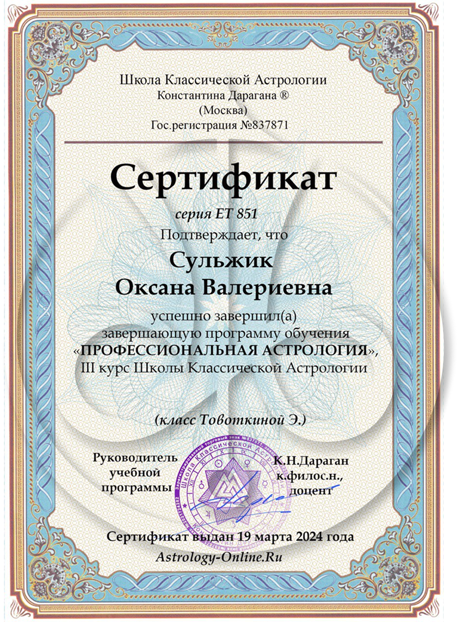 Оксана Сульжик certificate